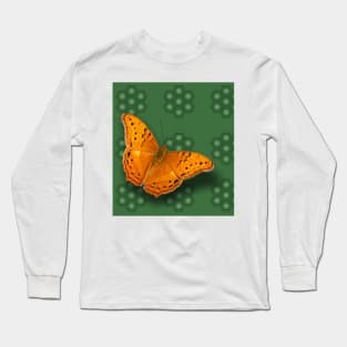 Beautiful orange butterfly on green pattern background Long Sleeve T-Shirt